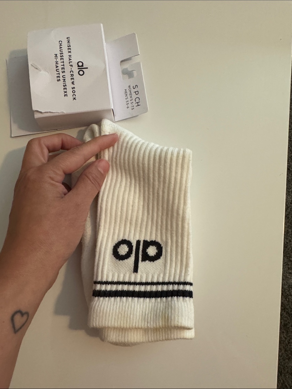ALO Yoga White Crew Socks with Black Logo and Stripes